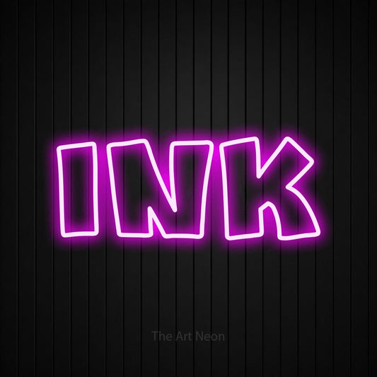 Pink outline-style LED neon sign reading "Ink" against a black vertical slat wall for tattoo studio décor