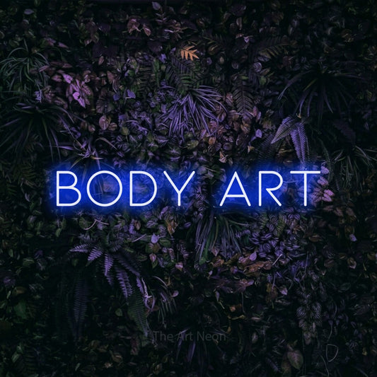 Blue LED neon sign reading "Body Art" against a purple floral wall for tattoo studio décor