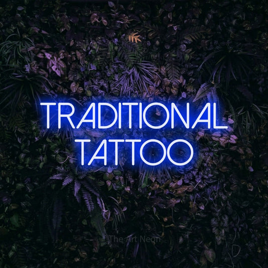 Blue LED neon sign reading "Traditional Tattoo" against a purple floral wall for tattoo studio décor