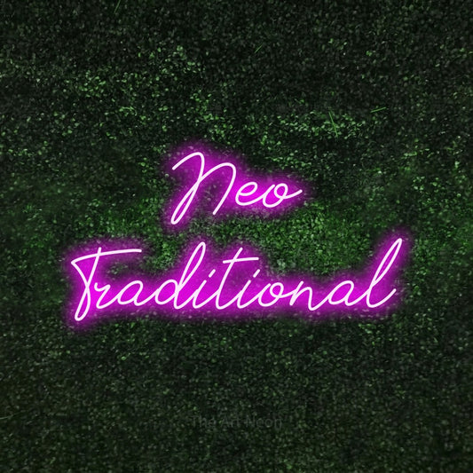 Pink script-style LED neon sign reading "Neo Traditional" against a textured green moss wall for tattoo studio décor
