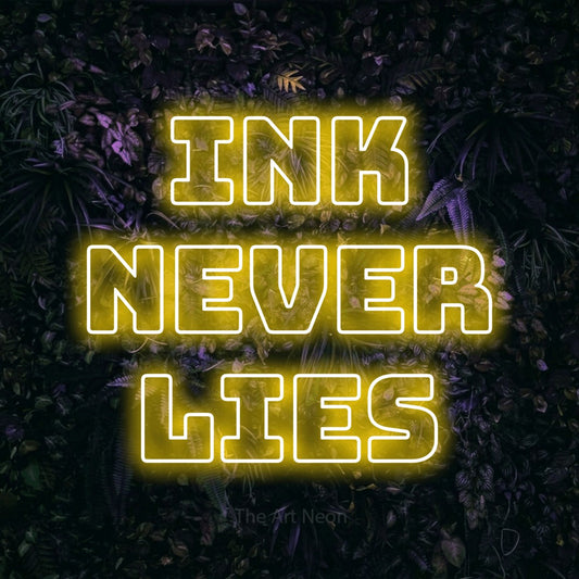 Yellow outline-style LED neon sign reading "Ink Never Lies" against a purple floral wall for tattoo studio décor