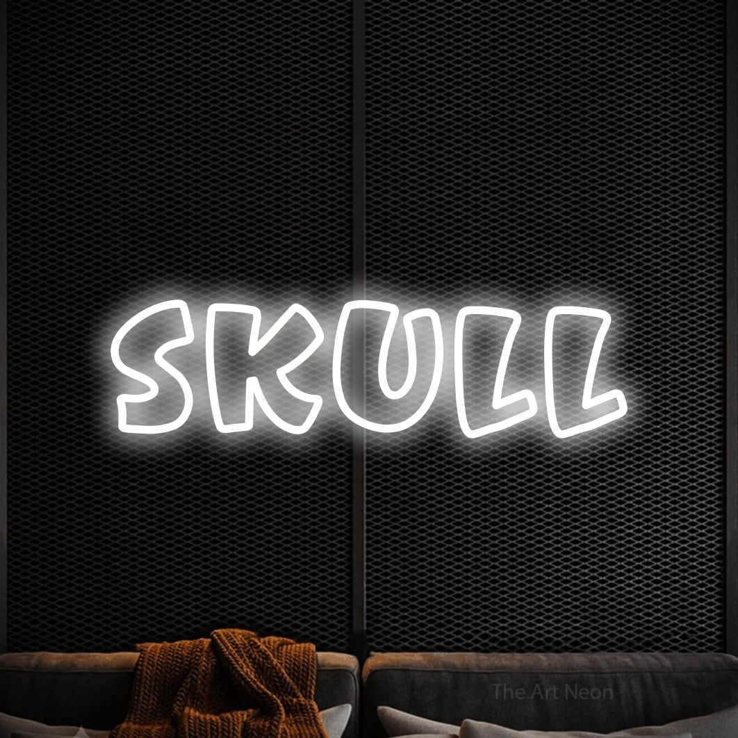 Cool white outline-style LED neon sign reading "Skull" against a black textured wall for tattoo studio décor