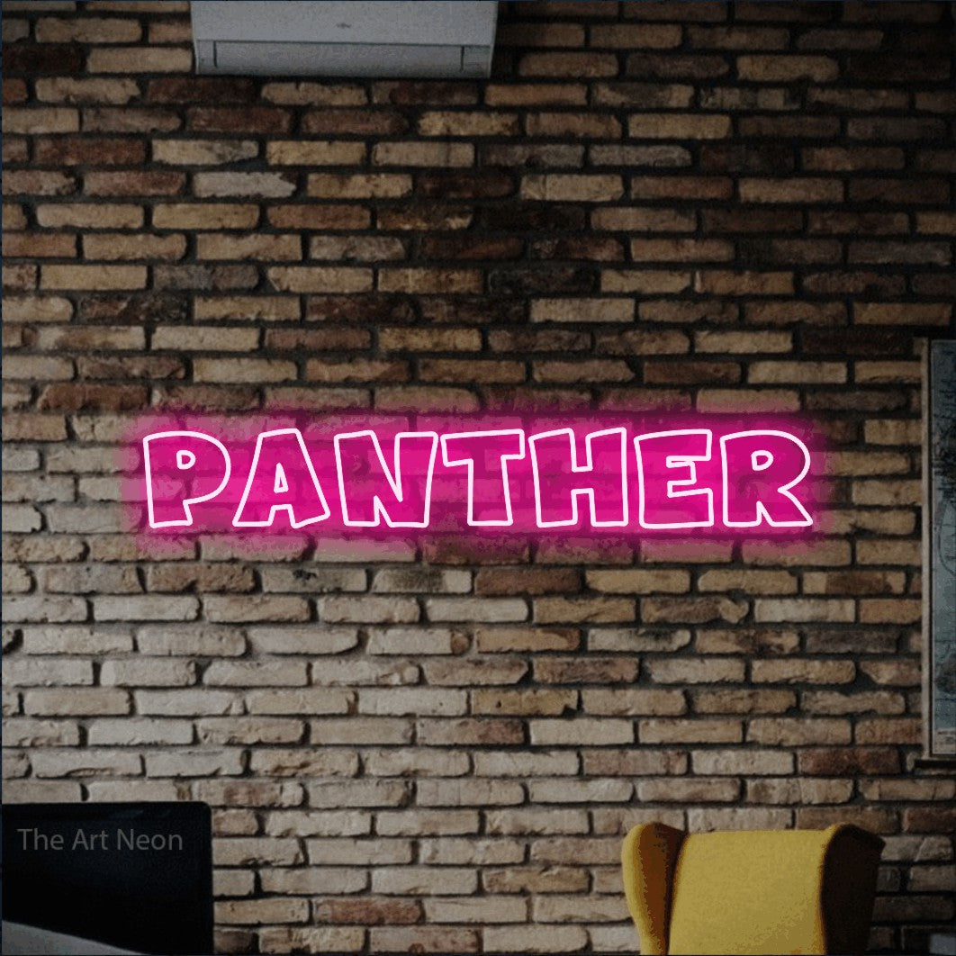 Hot pink outline-style LED neon sign reading "Panther" against a rustic brick wall for tattoo studio décor