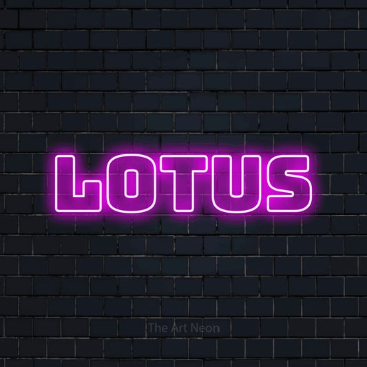 Pink outline-style LED neon sign reading "Lotus" against a dark navy brick wall for tattoo studio décor