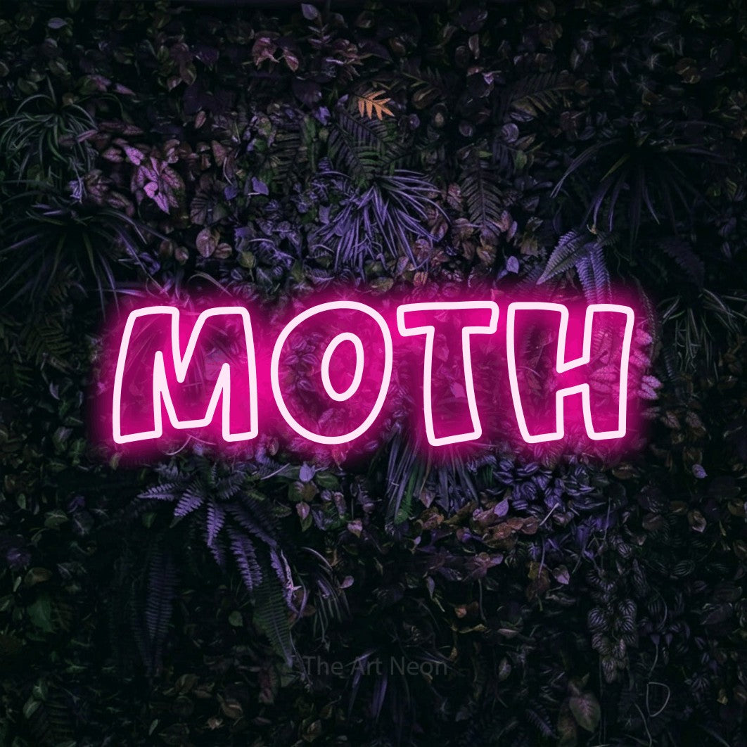 Hot pink outline-style LED neon sign reading "Moth" against a purple floral wall for tattoo studio décor