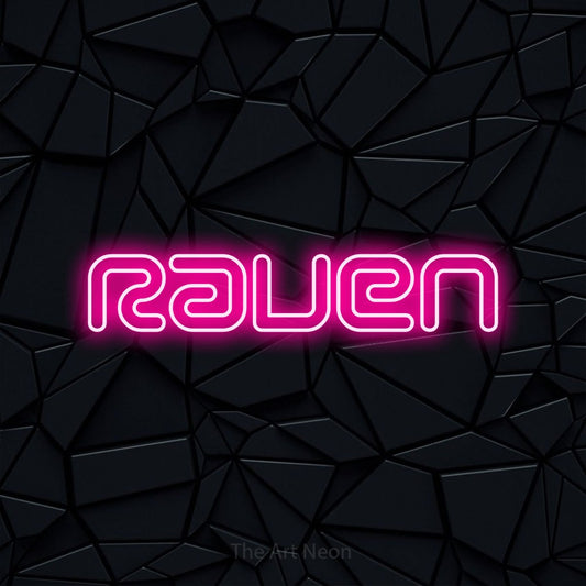 Hot pink outline-style LED neon sign reading "Raven" against a black faceted wall for tattoo studio décor