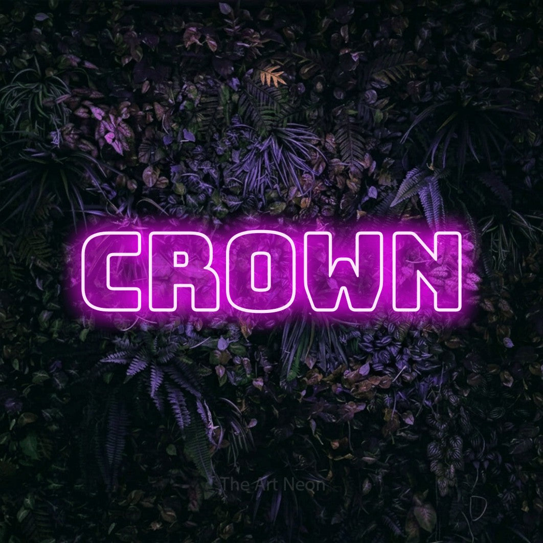 Pink outline-style LED neon sign reading "Crown" against a purple floral wall for tattoo studio décor