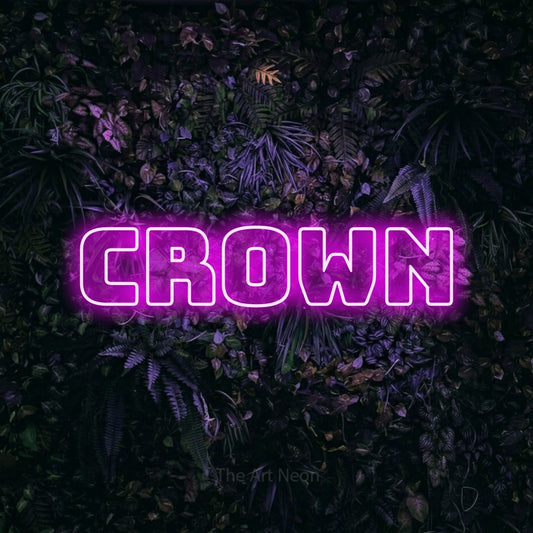 Pink outline-style LED neon sign reading "Crown" against a purple floral wall for tattoo studio décor