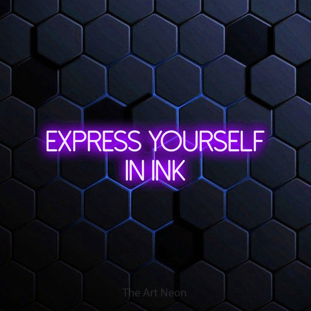Purple LED neon sign reading "Express Yourself in Ink" against a blue hexagonal wall for tattoo studio décor