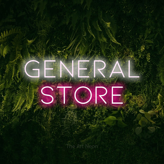 Hot pink and cool white LED neon sign reading "General Store" against a moss-covered green wall