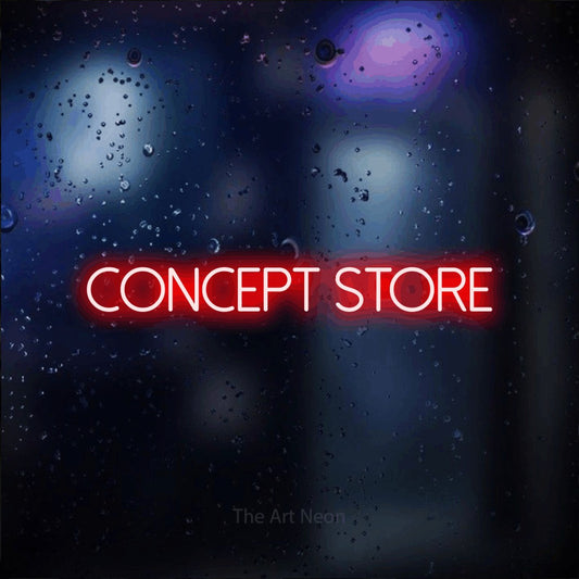 Red LED neon sign reading "Concept Store" against a dark blue bokeh background