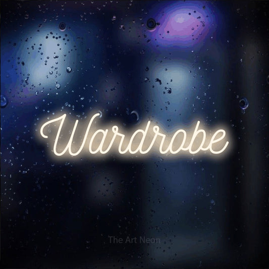 Warm white script-style LED neon sign reading "Wardrobe" against a dark blue bokeh background