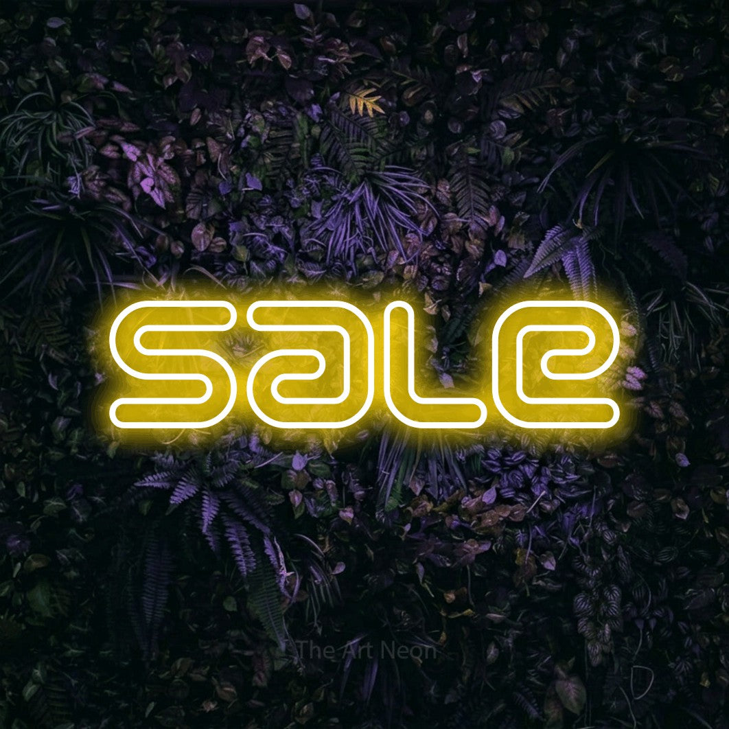 Yellow outline-style LED neon sign reading "Sale" against a purple floral wall