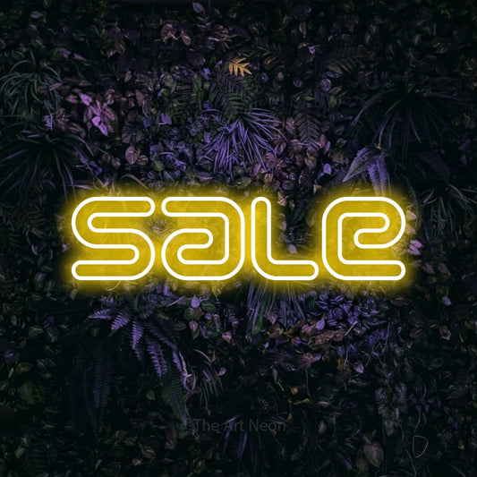 Yellow outline-style LED neon sign reading "Sale" against a purple floral wall
