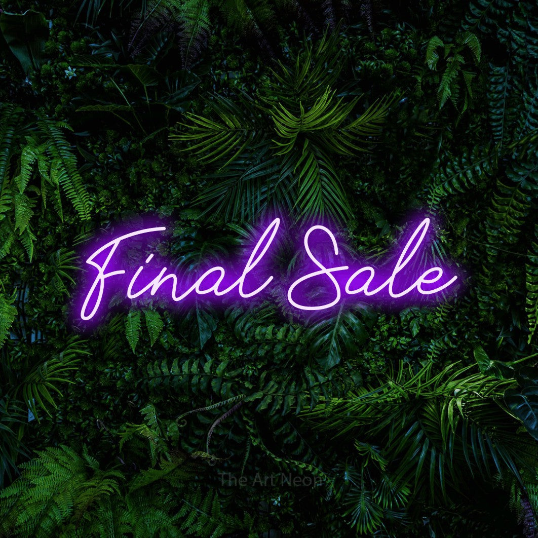 Purple script-style LED neon sign reading "Final Sale" against a dense tropical foliage wall