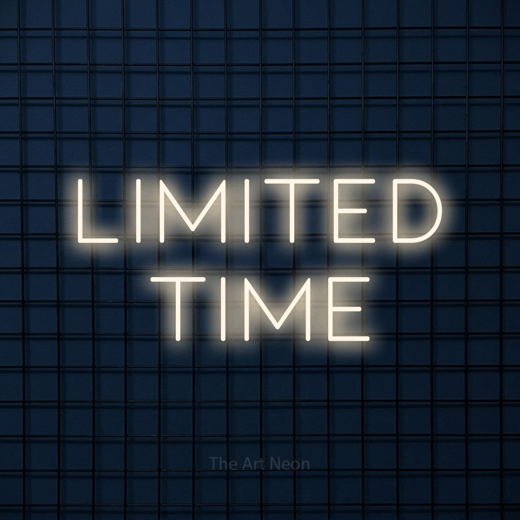 Warm white LED neon sign reading "Limited Time" against a dark blue tiled wall