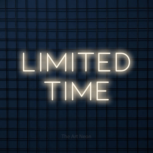 Warm white LED neon sign reading "Limited Time" against a dark blue tiled wall