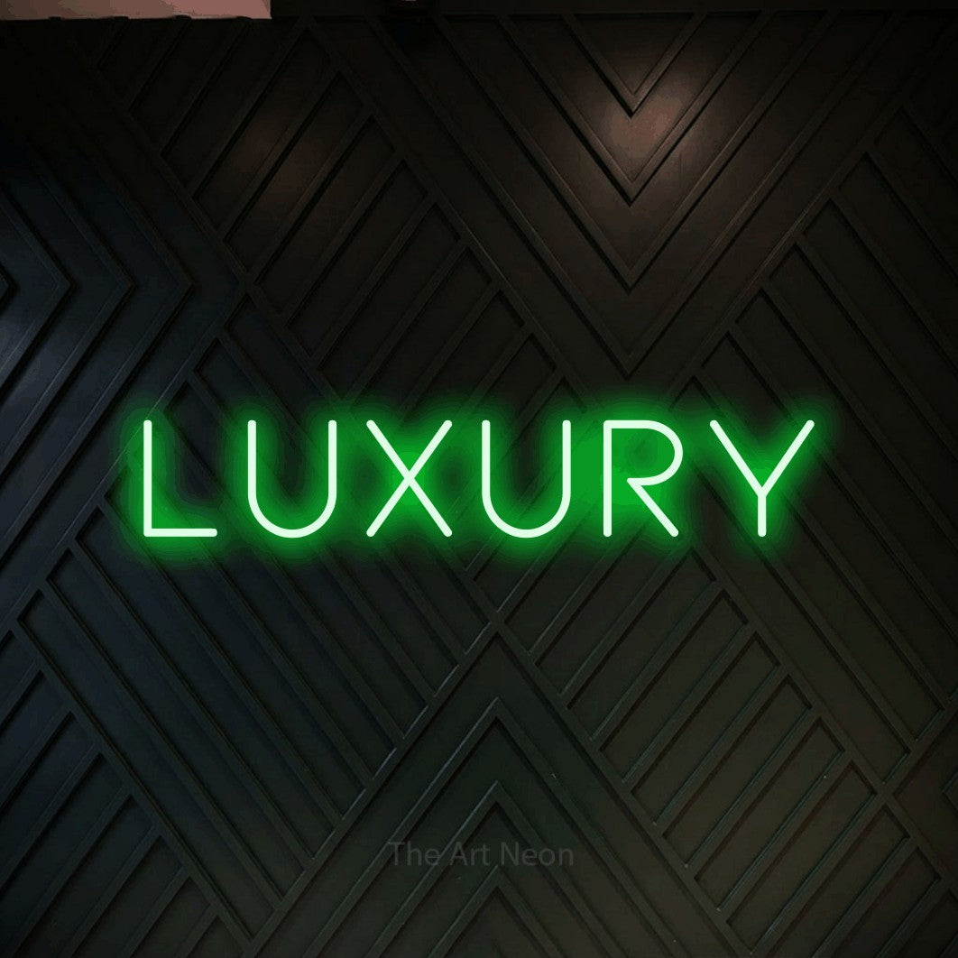 Green LED neon sign reading "Luxury" against a dark geometric wood wall
