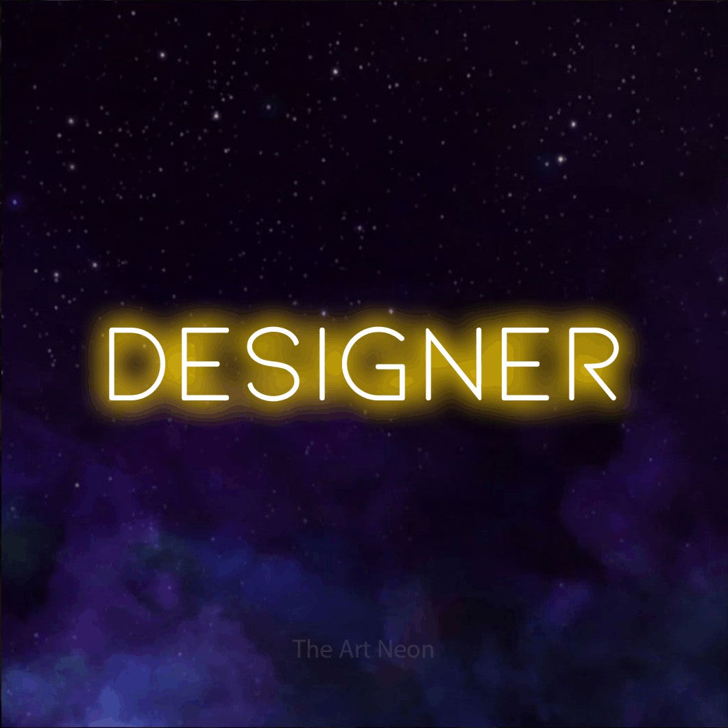 Yellow LED neon sign reading "Designer" against a purple galaxy background