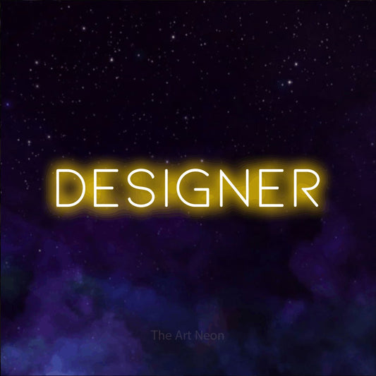 Yellow LED neon sign reading "Designer" against a purple galaxy background