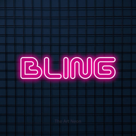 Hot pink outline-style LED neon sign reading "Bling" against a dark blue tiled wall