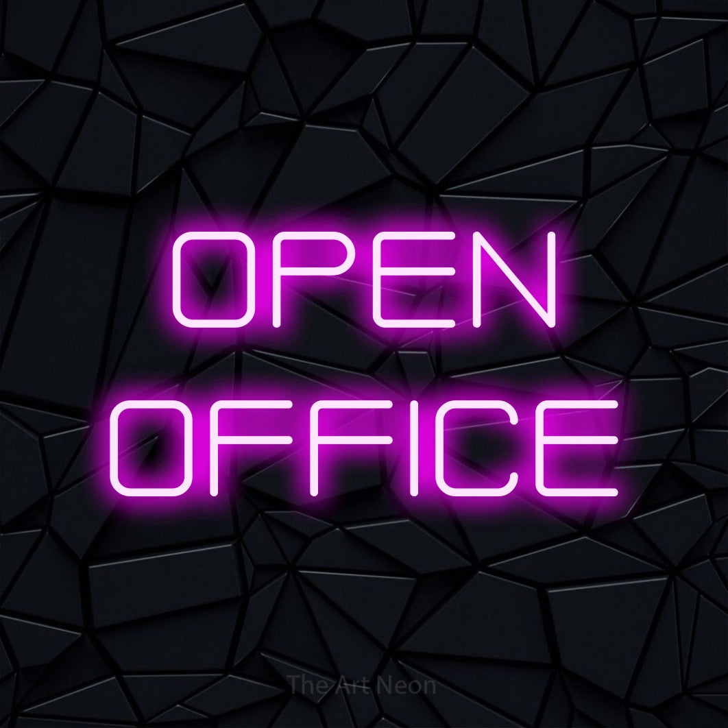 Pink LED neon sign reading "Open Office" against a black faceted wall for office décor
