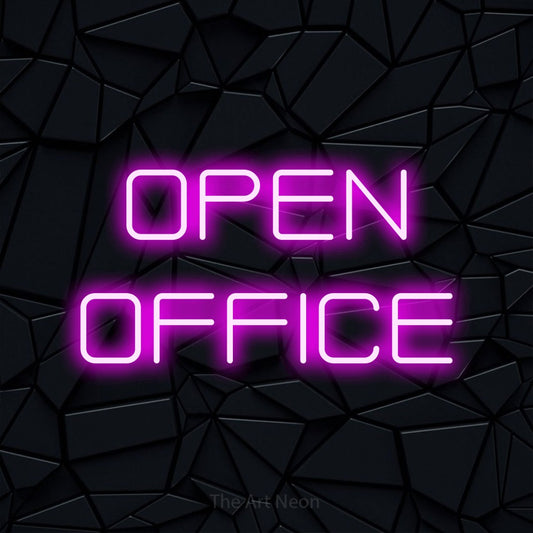 Pink LED neon sign reading "Open Office" against a black faceted wall for office décor