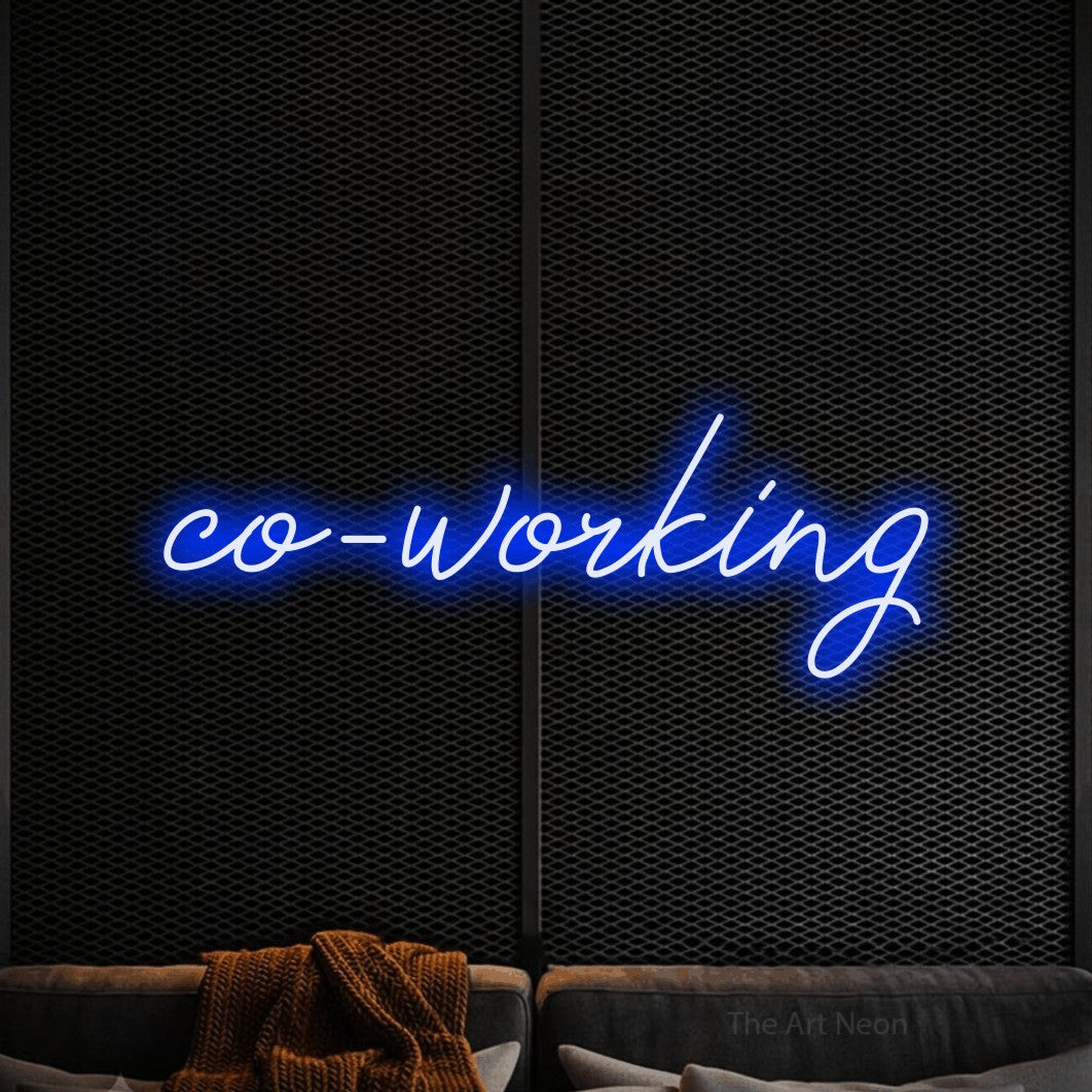 Blue script-style LED neon sign reading "Co-Working" against a black textured wall for office décor