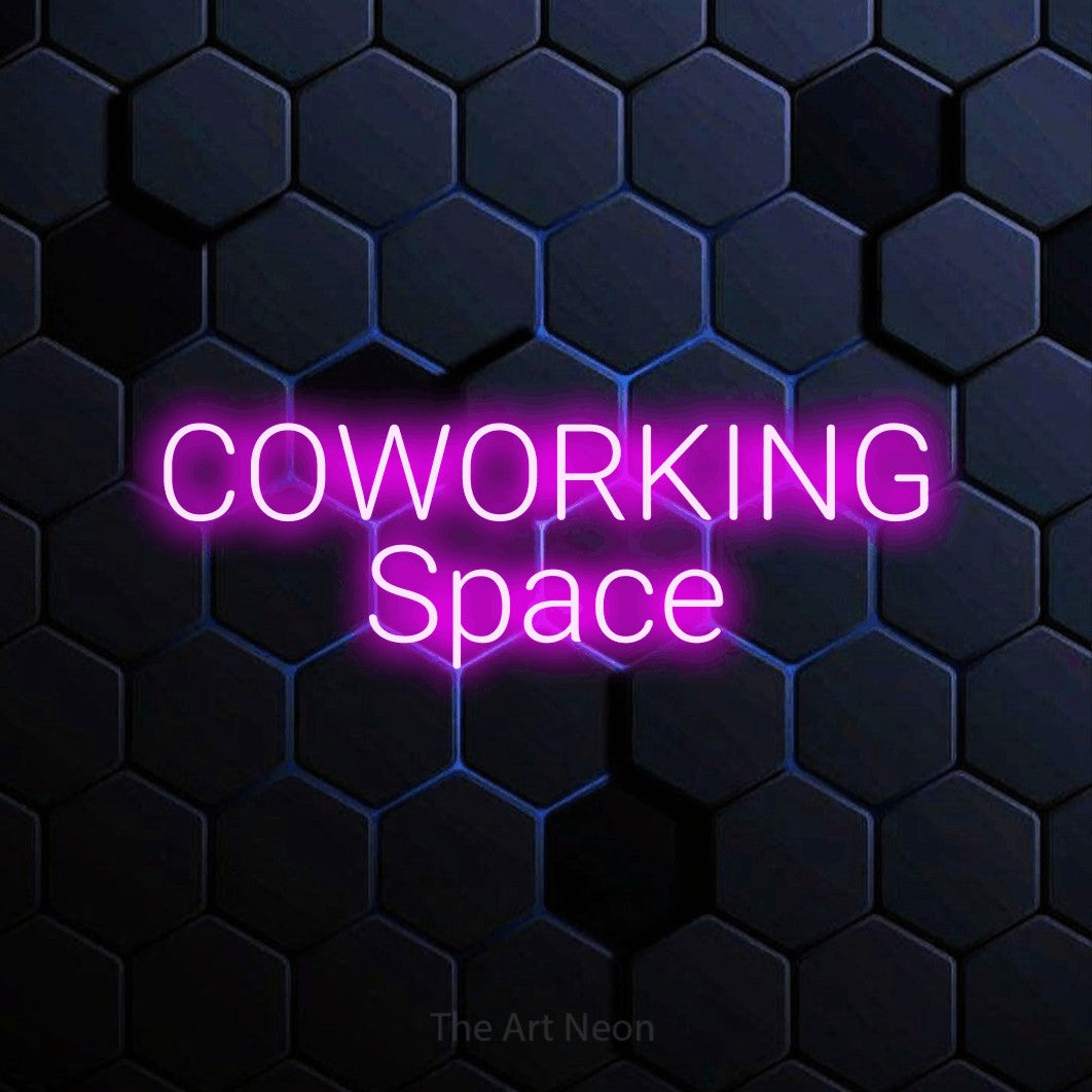 Pink LED neon sign reading "Coworking Space" against a blue hexagonal wall for office décor