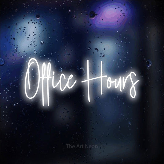 Cool white script-style LED neon sign reading "Office Hours" against a dark blue bokeh background for office décor