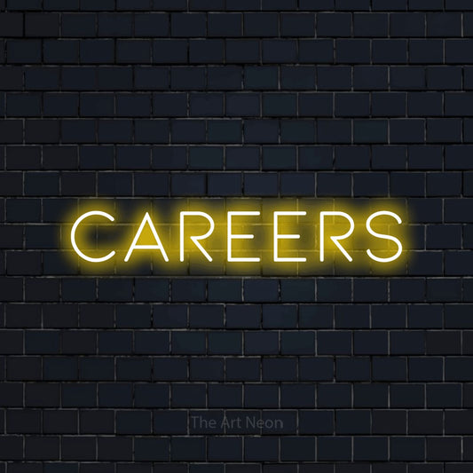 Yellow LED neon sign reading "Careers" against a dark navy brick wall for office décor