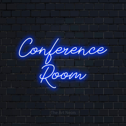 Blue script-style LED neon sign reading "Conference Room" against a dark navy brick wall for office décor