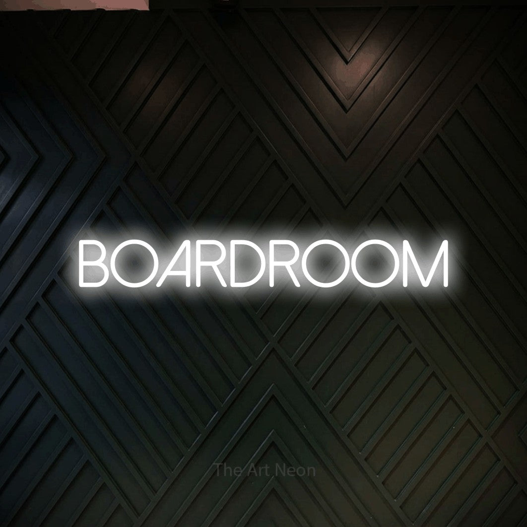 Cool white LED neon sign reading "Boardroom" against a dark geometric wood wall for office décor