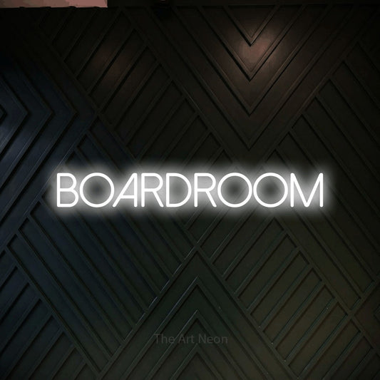 Cool white LED neon sign reading "Boardroom" against a dark geometric wood wall for office décor