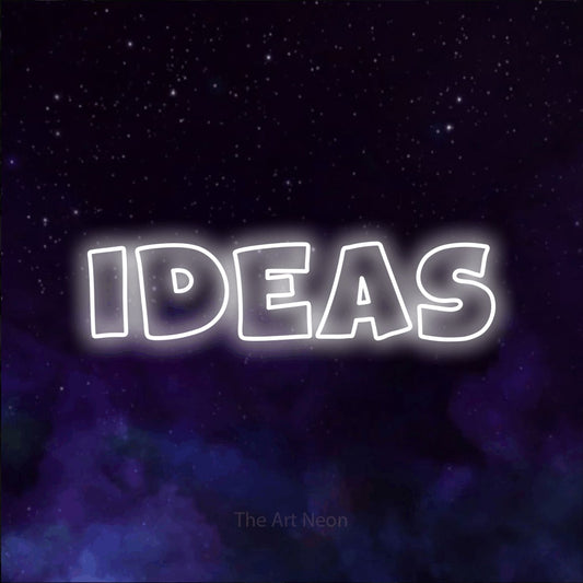 Cool white outline-style LED neon sign reading "Ideas" against a purple galaxy background for office décor