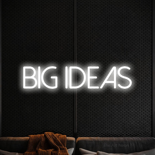 Cool white LED neon sign reading "Big Ideas" against a black textured wall for office décor