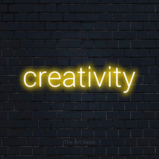 Yellow LED neon sign reading "Creativity" against a dark navy brick wall for office décor