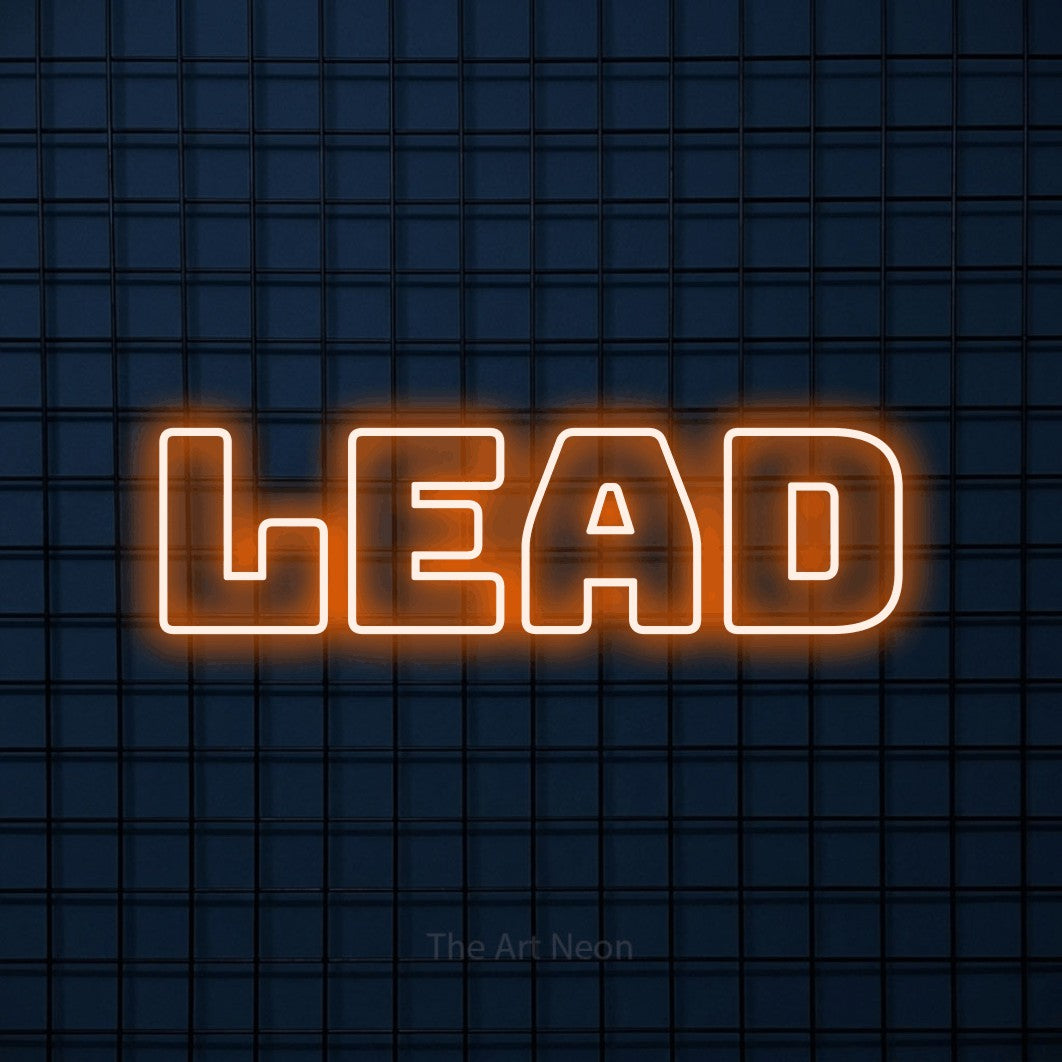 Orange outline-style LED neon sign reading "Lead" against a dark blue tiled wall for office décor