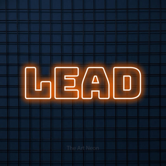 Enseigne néon à DEL à lumière orange, de style contour, affichant « Lead » sur un mur carrelé bleu foncé, pour décorer un bureau