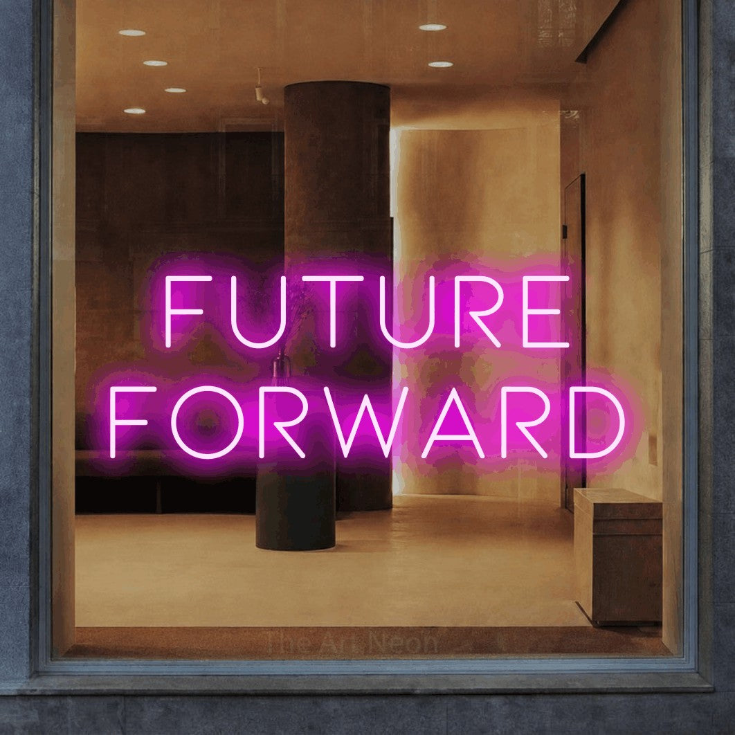 Pink LED neon sign reading "Future Forward" in a warm modern interior for office décor