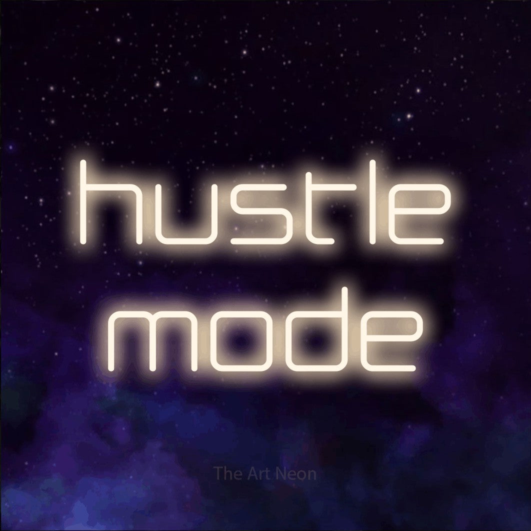 Warm white LED neon sign reading "Hustle Mode" against a purple galaxy background for office décor