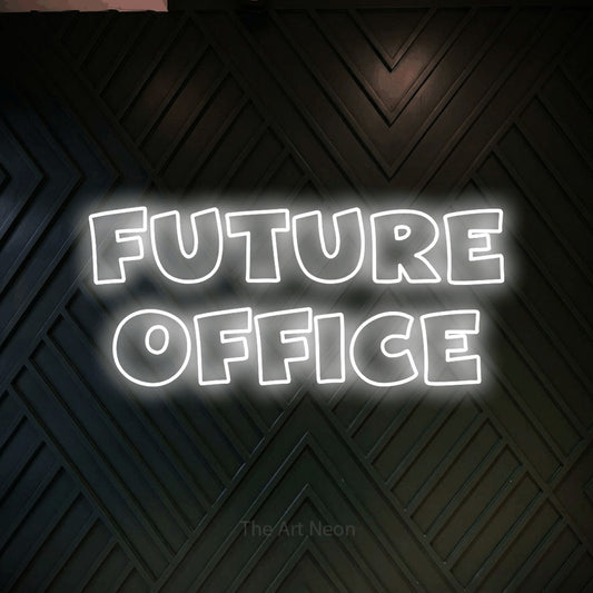 Cool white outline-style LED neon sign reading "Future Office" against a dark geometric wood wall for office décor