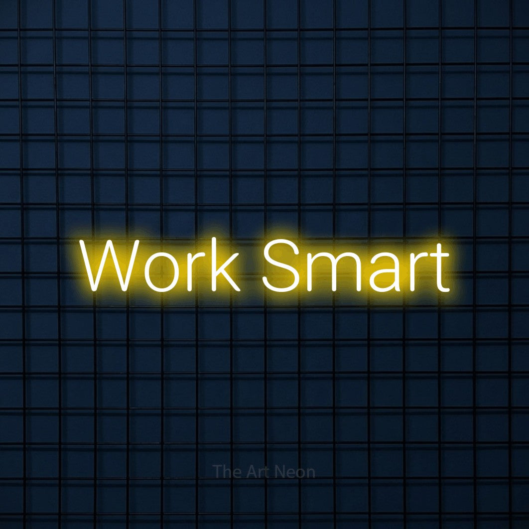 Yellow LED neon sign reading "Work Smart" against a dark blue tiled wall for office décor