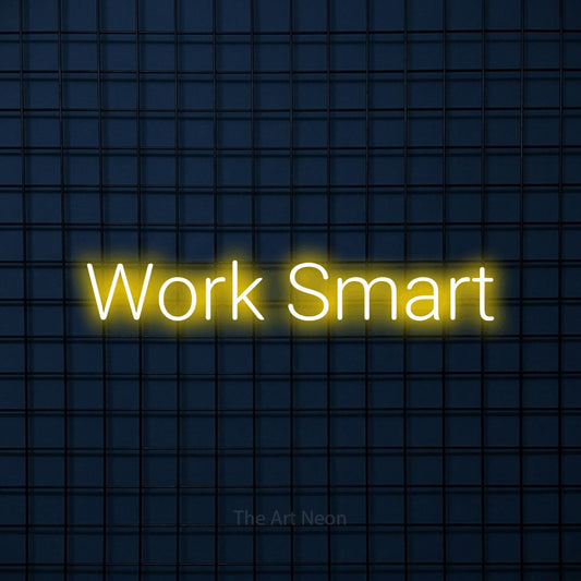 Yellow LED neon sign reading "Work Smart" against a dark blue tiled wall for office décor