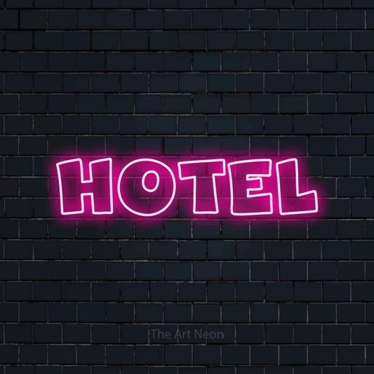 Hot pink outline-style LED neon sign reading "Hotel" against a dark navy brick wall for hotel décor