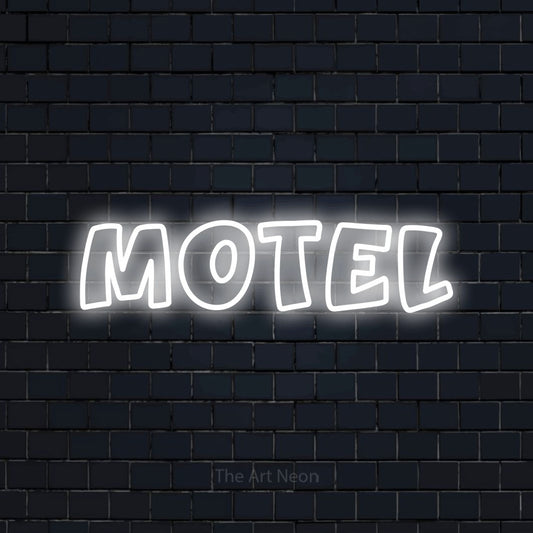 Cool white outline-style LED neon sign reading "Motel" against a dark navy brick wall for hotel décor