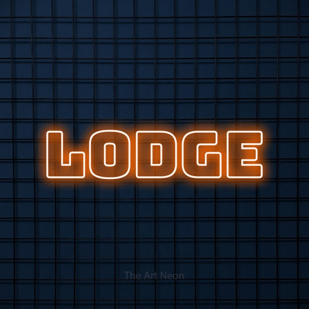 Enseigne néon à DEL à lumière orange, de style contour, affichant « Lodge » sur un mur carrelé bleu foncé, pour décorer un hôtel