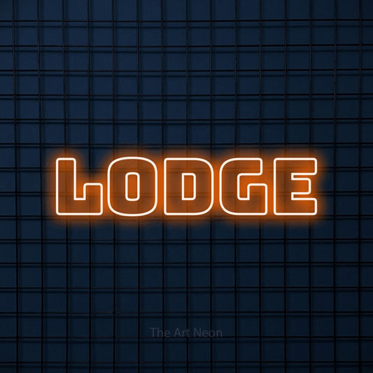 Orange outline-style LED neon sign reading "Lodge" against a dark blue tiled wall for hotel décor