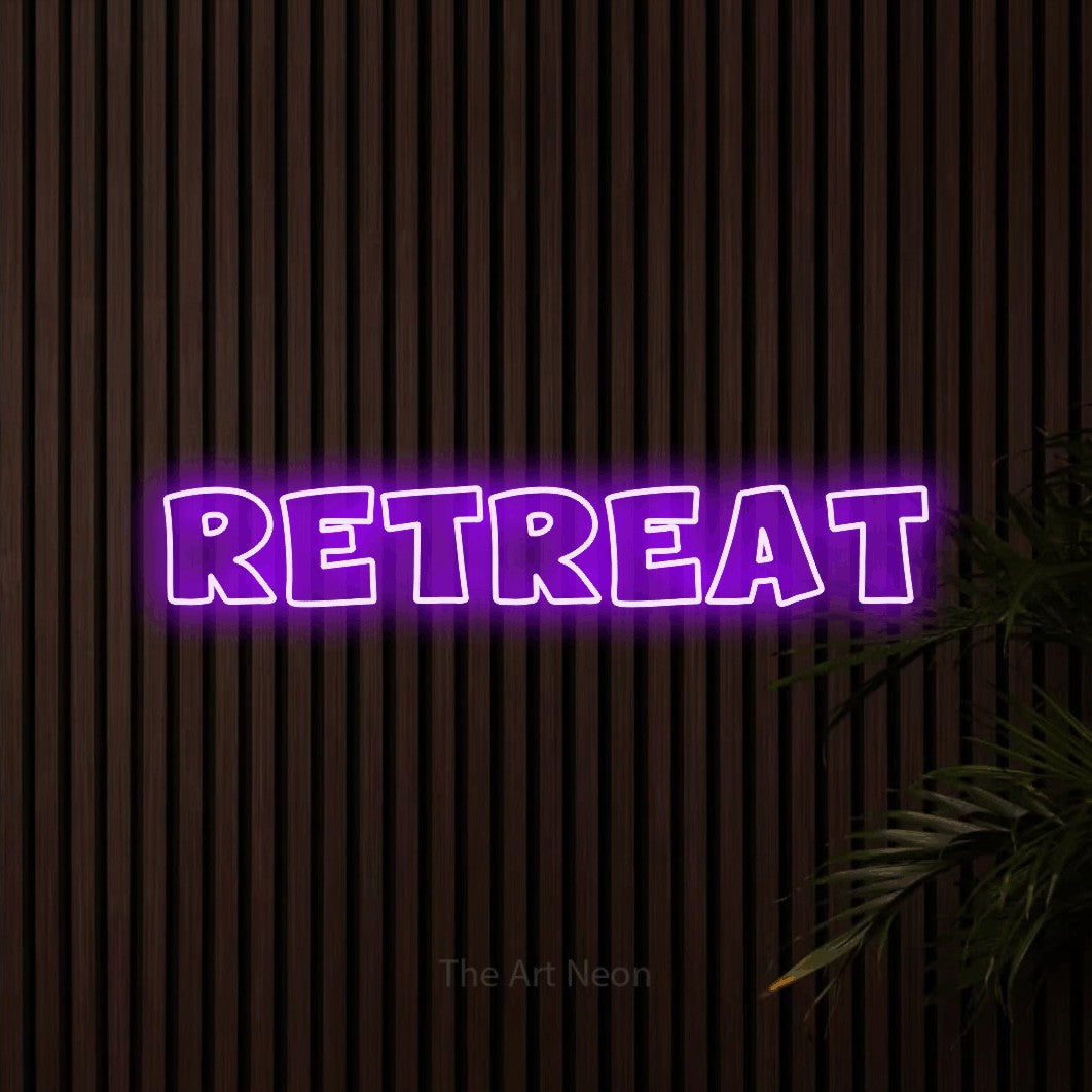 Purple outline-style LED neon sign reading "Retreat" against dark wooden slats for hotel décor
