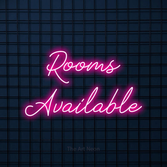Hot pink script-style LED neon sign reading "Rooms Available" against a dark blue tiled wall for hotel décor